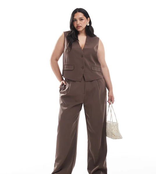  Pieces Plus Pantalones De Sastre Marrón Chocolate Con Botones En La Pernera Multiposición De Pieces Curve (parte De Un Conjunto)-brown 