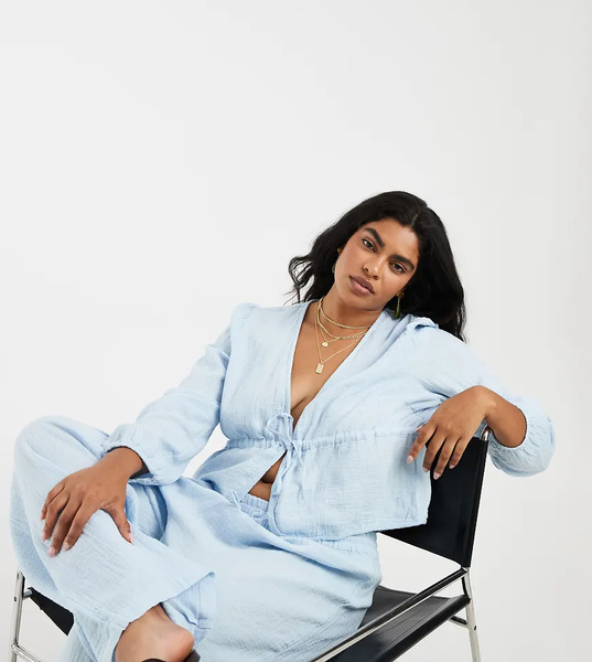  Pieces Plus Pieces Curve - Top Azul Pálido De Manga Larga Con Lazada Delantera De Algodón Efecto Rugoso (parte De Un Conjunto) 