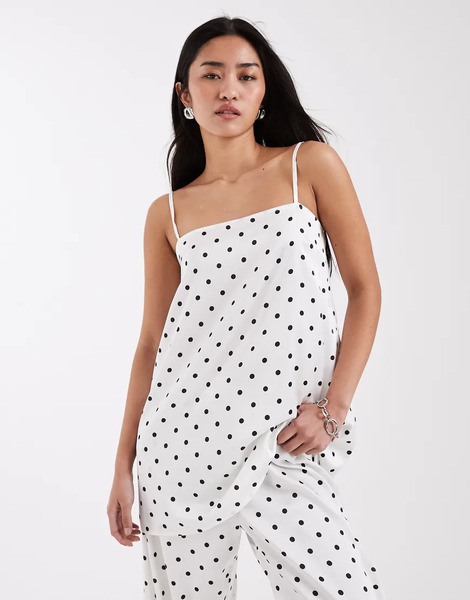  Pieces Top Color Crema De Tirantes Con Estampado De Lunares Negros De Satén De Pieces (parte De Un Conjunto)-blanco 
