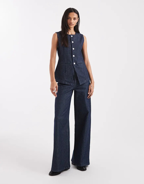  Pieces Vaqueros Azul Oscuro De Talle Medio Y Pernera Ancha Con Raya Diplomática De Pieces (parte De Un Conjunto) 