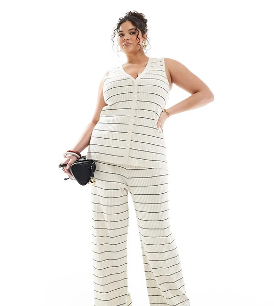  Pretty Lavish Curve Pantalones Color Crema A Rayas Negras De Punto De Pretty Lavish Curve (parte De Un Conjunto)-multicolor 