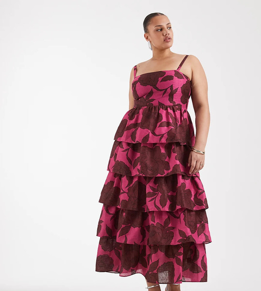  Pretty Lavish Curve Vestido Largo Marrón Y Rosa De Tirantes Con Falda Escalonada Y Estampado Floral De Mezcla De Lino De Pretty Lavish Curve 