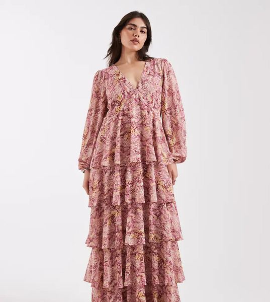  Pretty Lavish Curve Vestido Largo Rosa Baya De Manga Larga Con Cuello De Pico, Volantes Y Estampado Abstracto Floral Ashton De Pretty Lavish Curve-multicolor 