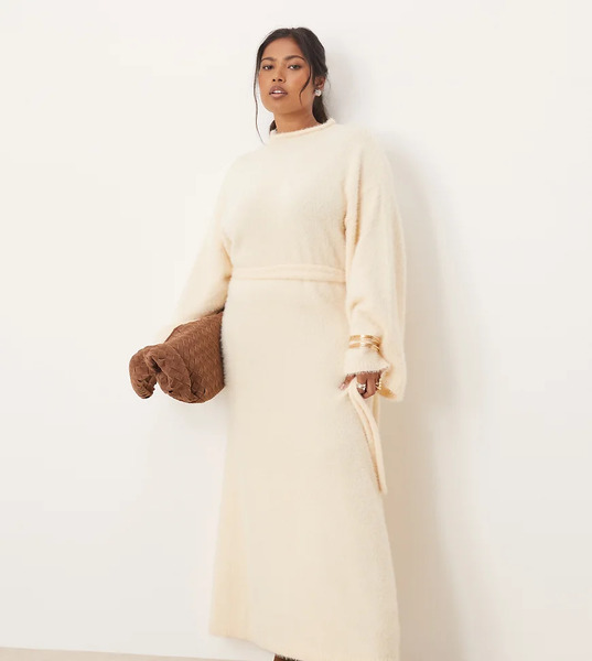  Pretty Lavish Curve Vestido Semilargo Color Crema Estilo Jersey Con Lazada En La Cintura De Punto Mullido De Pretty Lavish Curve-blanco 