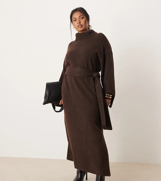  Pretty Lavish Curve Vestido Semilargo Marrón Chocolate Con Lazada En La Cintura, Cuello Vuelto Y Abertura De Punto De Pretty Lavish Curve-brown 