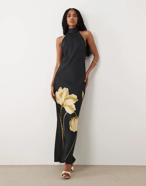  Pretty Lavish Pretty Lavish - Kiara - Vestido Largo Negro Y Dorado Con Estampado De Amapolas, Espalda Al Aire Y Cuello Halter De Satén-multicolor 
