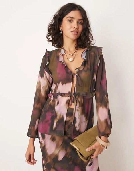  Pretty Lavish Top De Manga Larga Con Estampado Abstracto Y Volante De Pretty Lavish (parte De Un Conjunto)-multicolor 