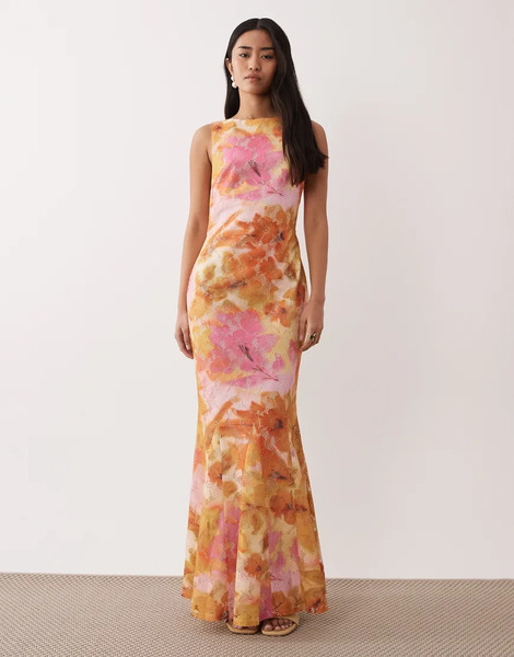  Pretty Lavish Vestido Largo Rosa Y Amarillo Con Estampado Floral Y Abertura En La Espalda De Pretty Lavish-multicolor 