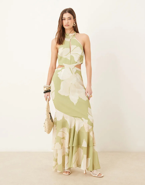  Pretty Lavish Vestido Largo Verde Oliva Con Estampado Floral Extragrande, Volante Y Abertura De Pretty Lavish-multicolor 