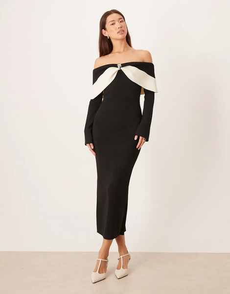  Pretty Lavish Vestido Semilargo Negro Con Escote Bardot Y Lazo En Contraste De Punto Acanalado De Pretty Lavish-multicolor 