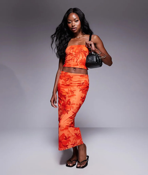  Princess Polly Conjunto Naranja De Top Palabra De Honor Y Falda Midi De Talle Bajo Con Estampado De Palmeras De Malla De Princess Polly 