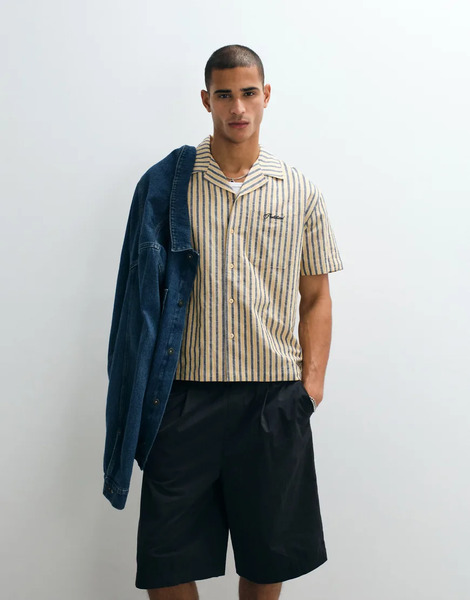  Prohibited Prohibited - Camisa Amarilla A Rayas De Manga Corta Con Cuello De Solapas De Mezcla De Lino-amarillo 
