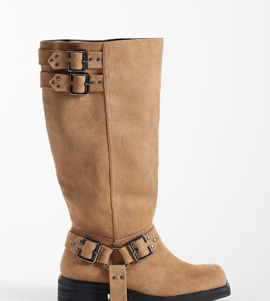  Public Desire Wide Fit Botas Por La Rodilla Color Topo Con Detalle De Arnés De Antelina Rooftop De Public Desire Wide Fit-neutro 
