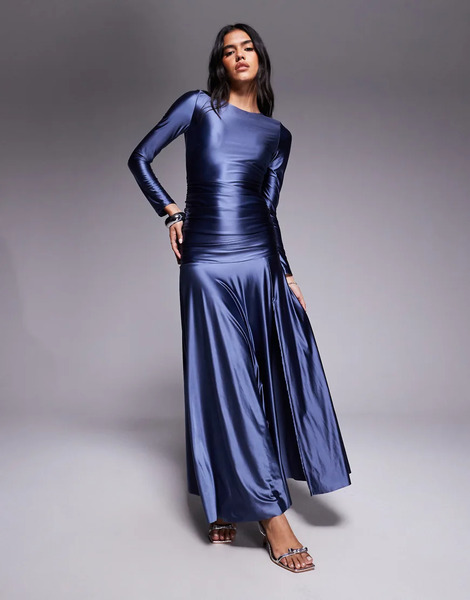  Rare Vestido Largo Azul Oscuro Con Cintura Fruncida, Falda Vaporosa Y Abertura Lateral De Punto Liso Satinado De Rare London-azul Marino 