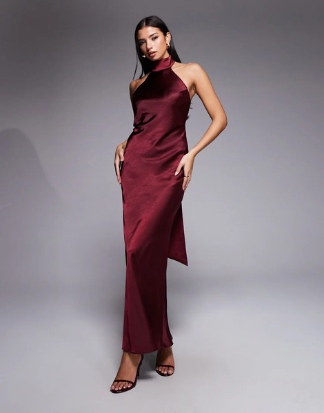  Rare Vestido Largo Color Ciruela Con Espalda Descubierta, Cuello Halter Y Fular De Satén De Rare London-morado 