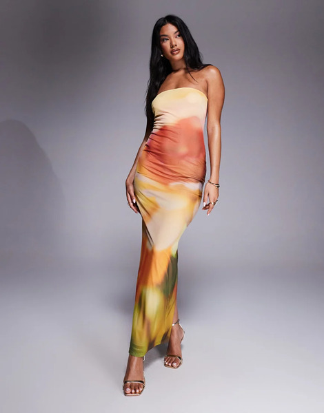  Rare Vestido Largo Naranja Con Estampado Floral Difuminado Y Escote Palabra De Honor De Malla De Rare London-multicolor 