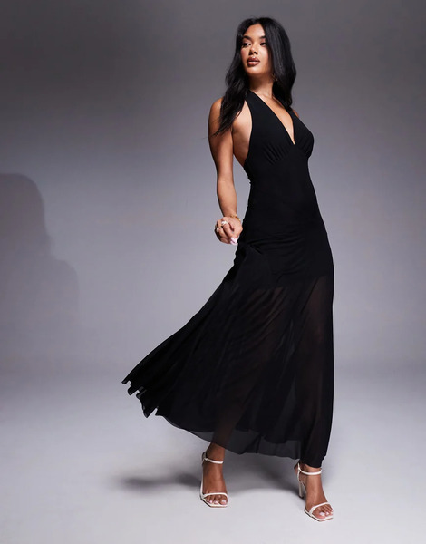  Rare Vestido Largo Negro Con Cuello Halter Escotado Y Capa Superior Transparente En El Bajo De Rare London 