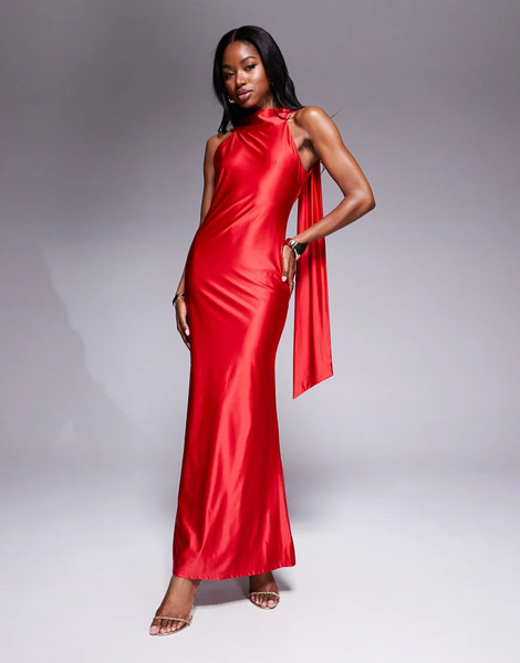  Rare Vestido Largo Rojo Con Detalle De Fular Y Espalda Descubierta De Satén Ultrabrillante De Rare London 