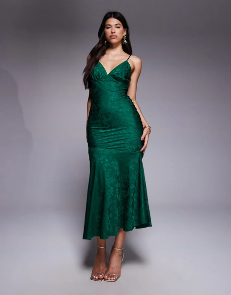  Rare Vestido Semilargo Verde Esmeralda De Tirantes Con Bajo De Corte Sirena Y Diseño Floral De Jacquard Satinado Exclusivo De Rare London 