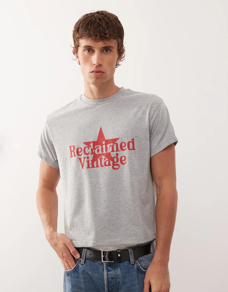  Reclaimed Vintage Reclaimed Vintage - Camiseta Gris Jaspeado De Corte Cuadrado Extragrande Y Corte Slim Con Estampado Gráfico De La Marca 