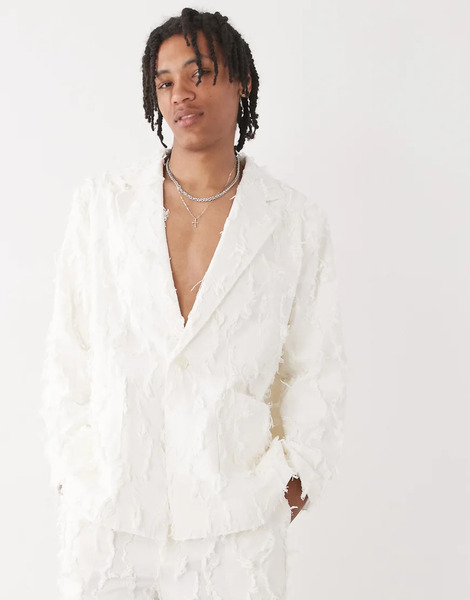 Reclaimed Vintage Chaqueta De Traje Color Crema Extragrande Con Detalles Desflecados De Edición Limitada De Reclaimed Vintage-blanco 