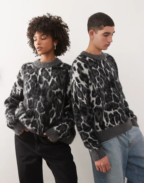  Reclaimed Vintage Jersey Gris Unisex De Corte Cuadrado Con Cuello Redondo Y Estampado De Leopardo De Reclaimed Vintage-verde 