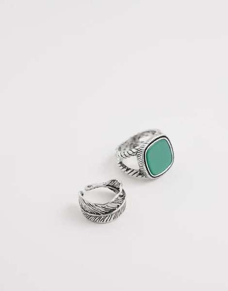  Reclaimed Vintage Pack De 2 Anillos En Tono Plateado Pulido Unisex Con Diseño Envolvente De Pluma De Reclaimed Vintage 