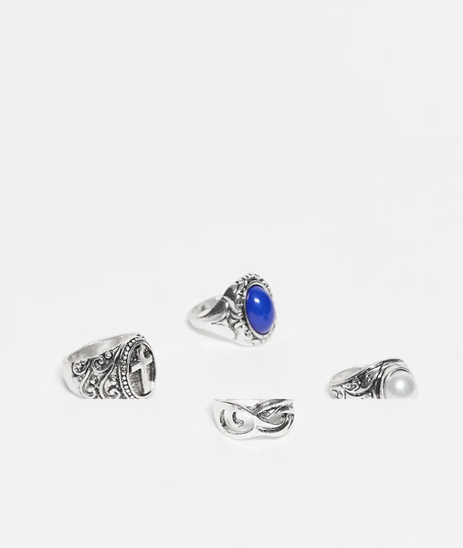  Reclaimed Vintage Pack De 4 Anillos Plateado Pulido Unisex De Estilo Grunge Con Piedra Azul De Imitación De Reclaimed Vintage 