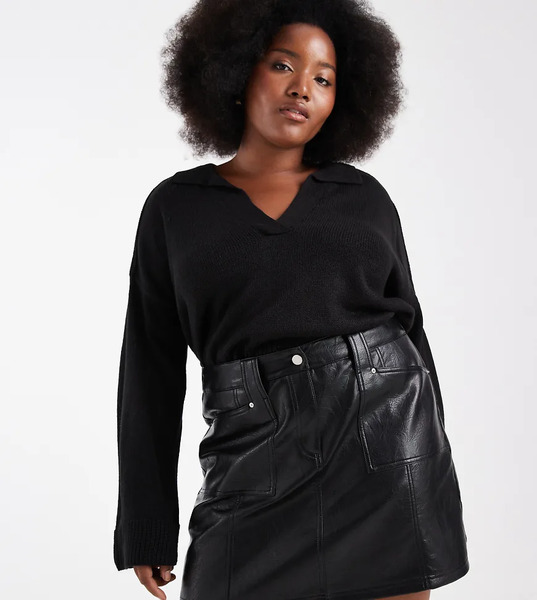  Renee Studio Minifalda Negra Con Bolsillo Delantero Y Detalle De Costura De Tejido Efecto Cuero Exclusiva De Renee Studio Plus-negro 
