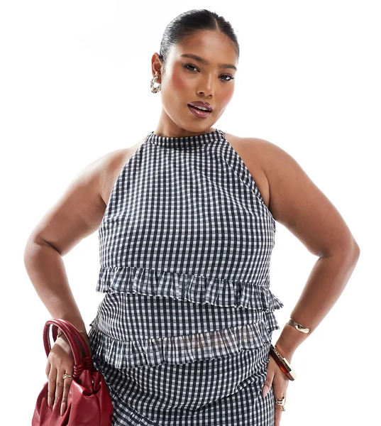  Renee Studio Top A Cuadros Grises Sin Mangas Con Cuello Halter Y Volantes Asimétricos Exclusivo De Renee Studio Plus (parte De Un Conjunto)-multicolor 
