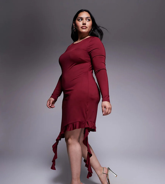  Renee Studio Vestido Corto Burdeos Ceñido De Manga Larga Con Diseño Moldeado Doble, Bajo Asimétrico De Volantes Y Detalle Drapeado De Renee Studio-rojo 