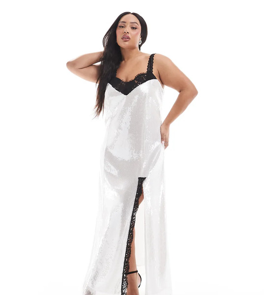  Renee Studio Vestido Largo Blanco De Lentejuelas Con Abertura Hasta El Muslo E Inserto En Contraste De Encaje Exclusivo De Renee Studio Plus X Michelle Nayla 