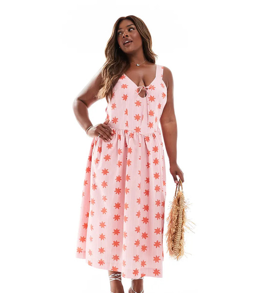  Renee Studio Vestido Midi Rosa De Tirantes Con Estampado Floral Rojo, Lazada Delantera, Diseño Estilo Corsé Y Espalda Fruncida Exclusivo De Renee Studio Plus-multicolor 