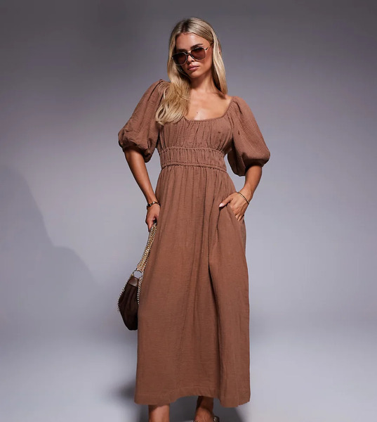  River Island Petite Vestido Midi Color Piedra Con Mangas Abullonadas De Tejido Efecto Lino De River Island Petite-neutro 