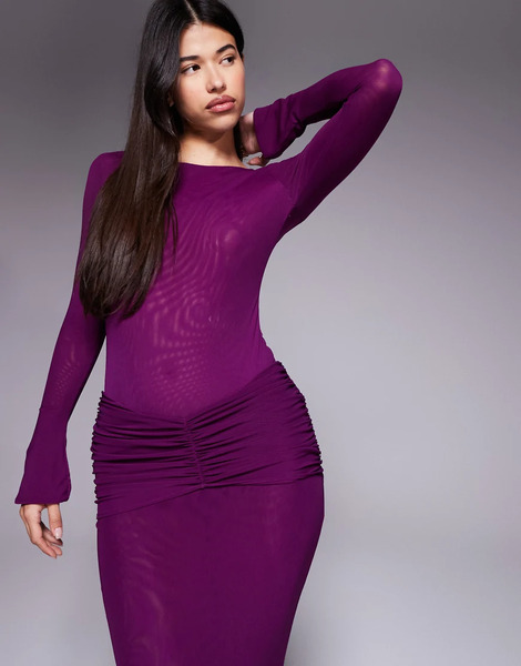  Ruched & Ready Body Color Ciruela Con Mangas Acampanadas Y Cuello Barco De Malla De Ruched & Ready (parte De Un Conjunto)-rosa 