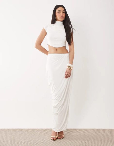  Ruched & Ready Falda Larga Blanca Drapeada Y Moldeadora De Punto Liso De Ruched & Ready (parte De Un Conjunto)-blanco 