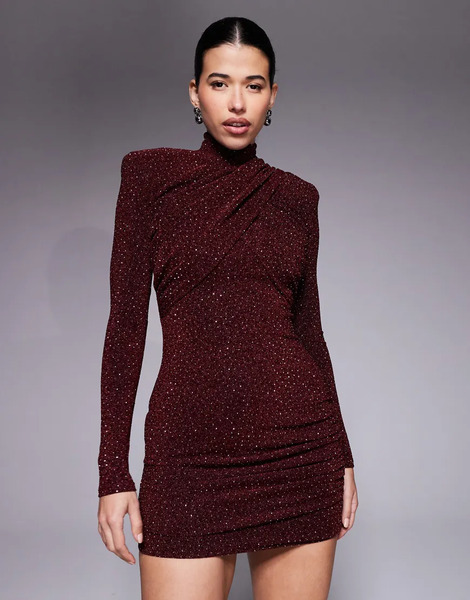  Ruched & Ready Vestido Corto Color Vino De Manga Larga Con Cuello Alto Cruzado En La Parte Delantera, Strass Termosellado Y Hombreras Extraíbles I'm Her De Ruched & Ready-rojo 