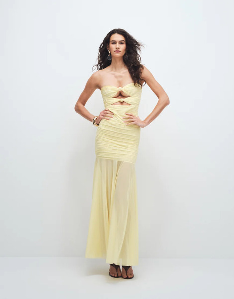  Ruched & Ready Vestido Largo Amarillo Limón Con Escote Palabra De Honor, Aberturas Con Nudos Y Bajo Transparente De Malla De Ruched & Ready 