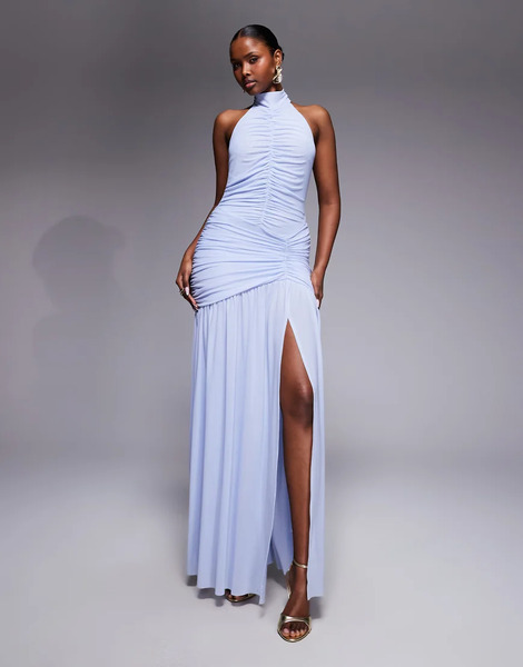  Ruched & Ready Vestido Largo Azul Pastel Moldeador Con Cuerpo Fruncido Y Bajo Con Caída Y Abertura De Ruched & Ready 