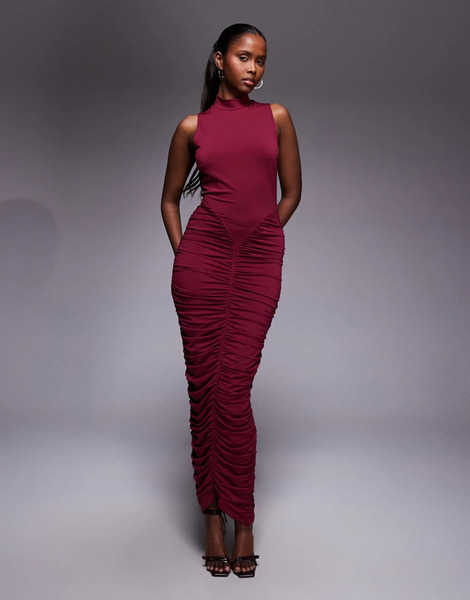  Ruched & Ready Vestido Largo Burdeos Ajustado Sin Mangas Con Diseño Moldeador Y Cuello Alto De Malla Semitransparente De Ruched & Ready-rojo 