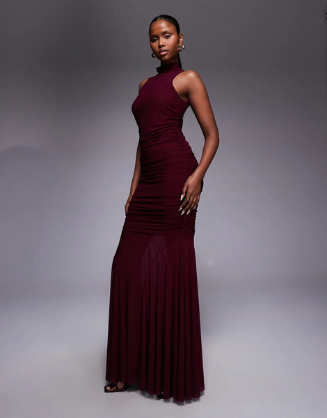  Ruched & Ready Vestido Largo Burdeos Moldeador De Corte Sirena Sin Mangas Con Cuello Alto Y Bajo Transparente De Malla De Ruched & Ready-rojo 