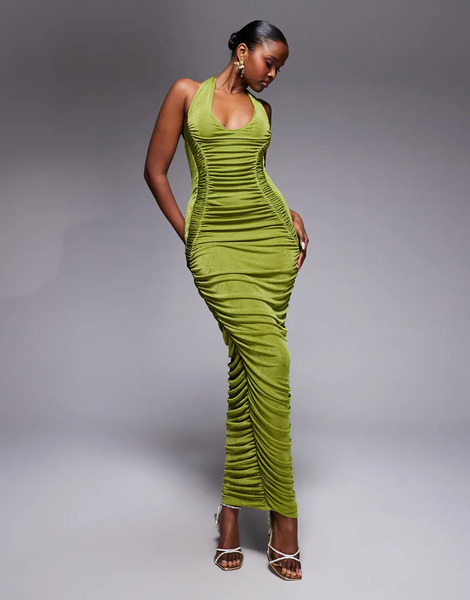  Ruched & Ready Vestido Largo Caqui Moldeador Con Cuello Ancho Y Detalles Drapeados En Las Caderas De Ruched & Ready-verde 