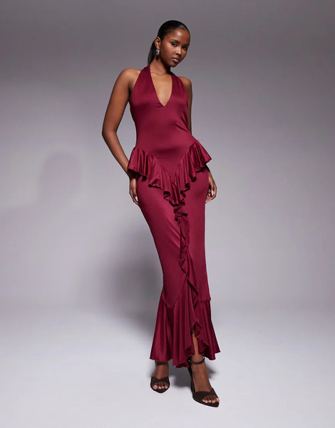  Ruched & Ready Vestido Largo Color Ciruela Moldeador Con Cuello Halter, Espalda Al Aire Y Detalle Drapeado De Volantes De Ruched & Ready-morado 
