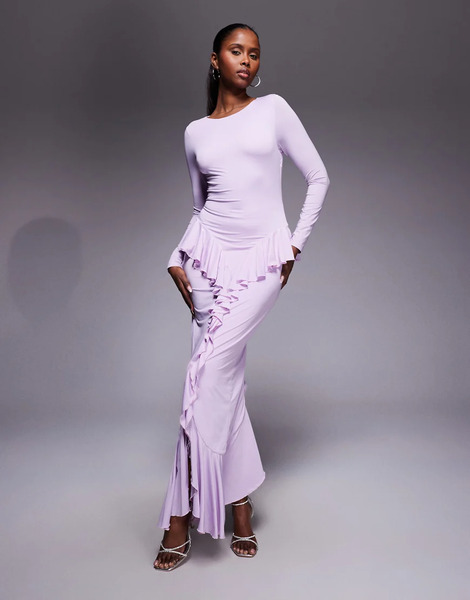  Ruched & Ready Vestido Largo Lila Moldeador De Manga Larga Con Detalle De Volante Colgante De Ruched & Ready-morado 
