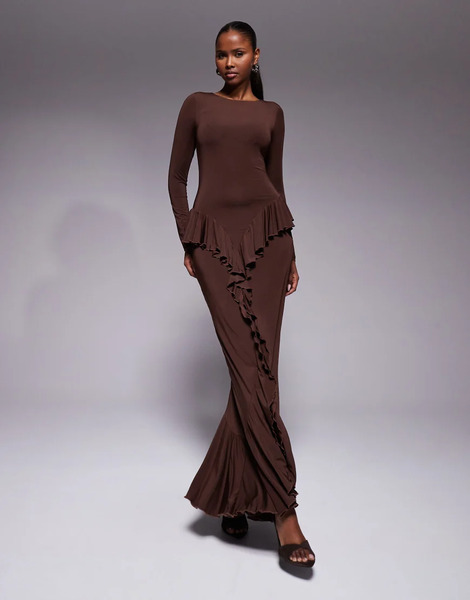  Ruched & Ready Vestido Largo Marrón Chocolate Oscuro Moldeador De Manga Larga Con Detalle De Volante Colgante De Ruched & Ready-brown 