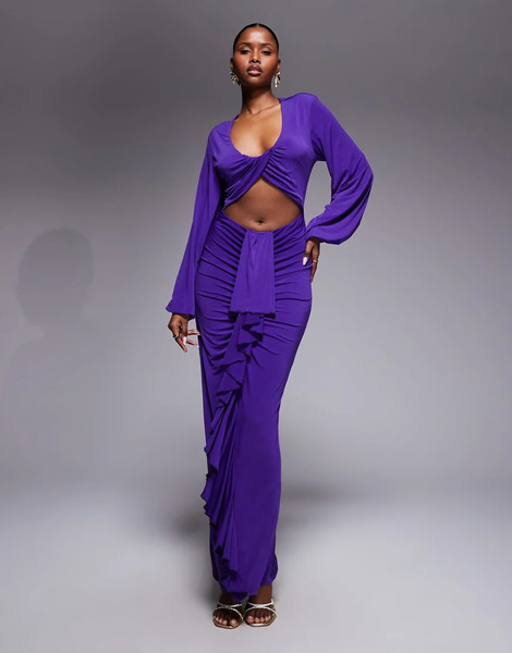  Ruched & Ready Vestido Largo Morado Con Mangas Globo, Detalle De Abertura Y Cintura Drapeada Entered The Chat De Ruched & Ready 
