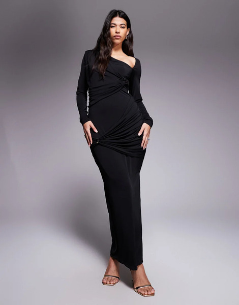  Ruched & Ready Vestido Largo Negro Ajustado Con Diseño Moldeado, Aberturas Asimétricas Y Detalle De Herrajes Dorados De Ruched & Ready 