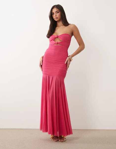  Ruched & Ready Ruched & Ready - Vestido Largo Rosa Con Escote Palabra De Honor, Aberturas Con Nudos Y Bajo Transparente De Malla 