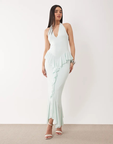  Ruched & Ready Vestido Largo Verde Menta Moldeador Con Cuello Halter, Espalda Al Aire Y Detalle Colgante De Volantes De Punto Liso De Ruched & Ready 