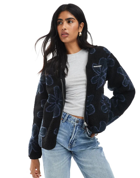  Santa Cruz Chaqueta Negra Holgada Con Cuello De Pico, Cremallera Y Estampado De Margaritas De Sherpa De Santa Cruz-negro 
